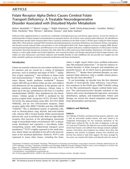 Folate Receptor Alpha Defect Causes Cerebral Folate Transport Deﬁciency: a Treatable Neurodegenerative Disorder Associated with Disturbed Myelin Metabolism