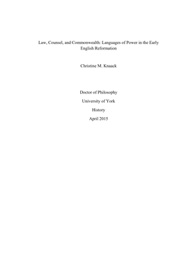 Law, Counsel, and Commonwealth: Languages of Power in the Early English Reformation