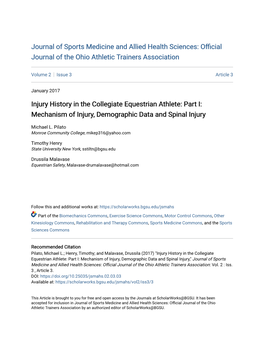 Injury History in the Collegiate Equestrian Athlete: Part I: Mechanism of Injury, Demographic Data and Spinal Injury