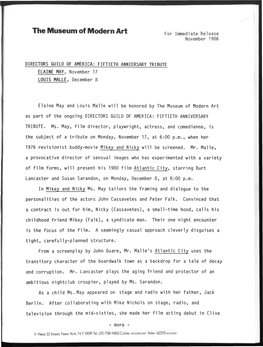 DIRECTORS GUILD of AMERICA: FIFTIETH ANNIERSARY TRIBUTE ELAINE MAY, November 17 LOUIS MALLE, December 8