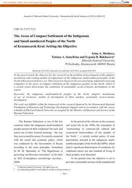 The Areas of Compact Settlement of the Indigenous and Small-Numbered Peoples of the North of Krasnoyarsk Krai: Setting the Objective