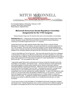Mcconnell Announces Senate Republican Committee Assignments for the 117Th Congress