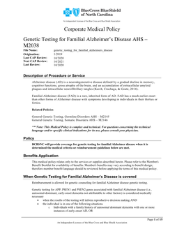 Genetic Testing for Familial Alzheimer's Disease