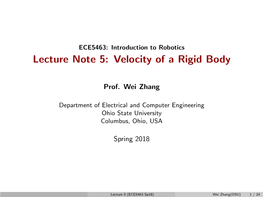 Introduction to Robotics Lecture Note 5: Velocity of a Rigid Body