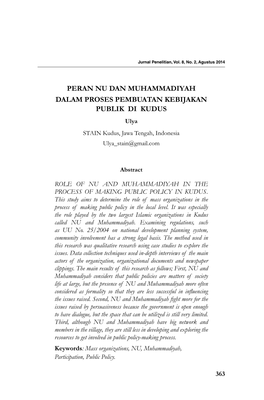 Peran Nu Dan Muhammadiyah Dalam Proses Pembuatan Kebijakan Publik Di Kudus Ulya STAIN Kudus, Jawa Tengah, Indonesia Ulya Stain@Gmail.Com