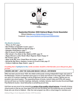 September/October 2020 Oakland Magic Circle Newsletter Official Website: ​ ​ Facebook: ​