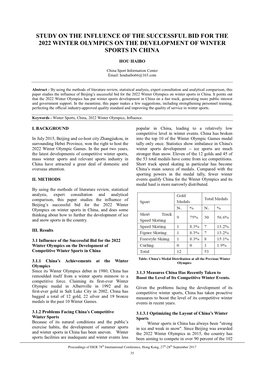 Study on the Influence of the Successful Bid for the 2022 Winter Olympics on the Development of Winter Sports in China