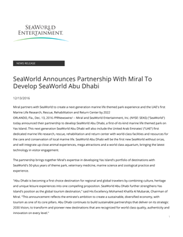 Seaworld Announces Partnership with Miral to Develop Seaworld Abu Dhabi
