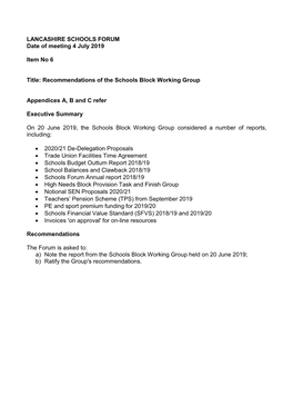 Recommendations of the Schools Block Working Group