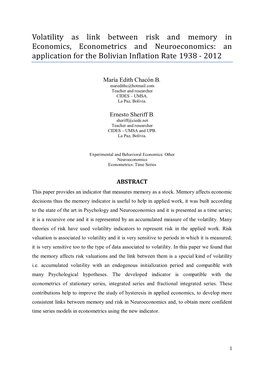 Volatility As Link Between Risk and Memory in Economics, Econometrics and Neuroeconomics: an Application for the Bolivian Inflation Rate 1938 - 2012