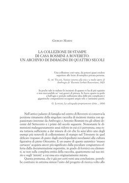 La Collezione Di Stampe Di Casa Rosmini a Rovereto: Un Archivio Di Immagini Di Quattro Secoli