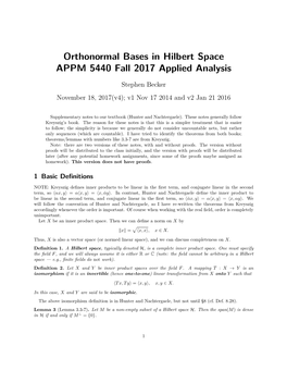 Orthonormal Bases in Hilbert Space APPM 5440 Fall 2017 Applied Analysis