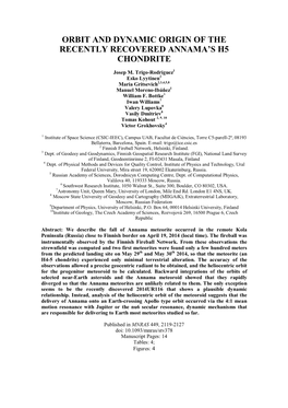 Orbit and Dynamic Origin of the Recently Recovered Annama’S H5 Chondrite