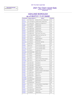 2021 Tax Claim Upset Sale ASHLAND BOROUGH As of 08/27