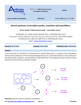 Recent Syntheses of Steroidal Oxazoles, Oxazolines and Oxazolidines