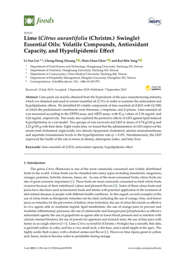 Lime (Citrus Aurantifolia (Christm.) Swingle) Essential Oils: Volatile Compounds, Antioxidant Capacity, and Hypolipidemic Eﬀect