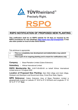 Rspo Notification of Proposed New Planting