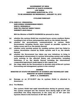 GOVERNMENT of INDIA MINISTRY of EARTH SCIENCES LOK SABHA UNSTARRED QUESTION No