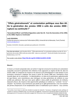 “Effets Générationnels” Et Contestation Politique Sous Ben Ali. De La Génération Des Années 1990 À Celle Des Années 2000 : Rupture Ou Continuité ?1