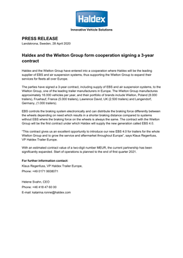 PRESS RELEASE Haldex and the Wielton Group Form Cooperation