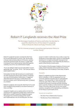 Robert P. Langlands Receives the Abel Prize