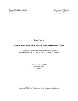 Regional Oral History Office University of California the Bancroft Library Berkeley, California