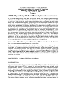 ARLINGTON INDEPENDENT SCHOOL DISTRICT REGULAR MEETING of the BOARD of TRUSTEES by VIDEOCONFERENCE OR TELEPHONE Thursday, October 8, 2020 5:00 P.M