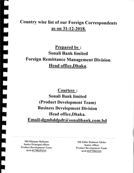 Country Wise List of Our Foreign Correspondents Sonali Bank Limited