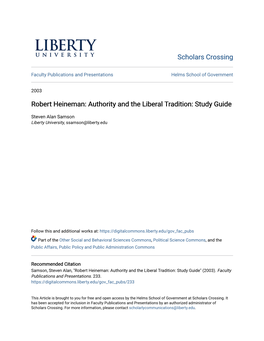 Robert Heineman: Authority and the Liberal Tradition: Study Guide