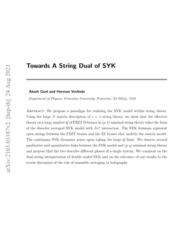Towards a String Dual of SYK Arxiv:2103.03187V1 [Hep-Th] 4 Mar