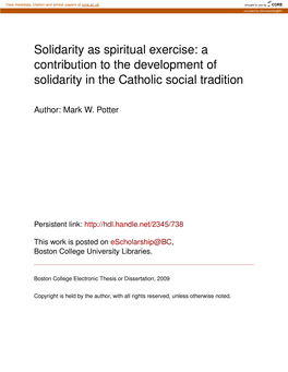 Solidarity As Spiritual Exercise: a Contribution to the Development of Solidarity in the Catholic Social Tradition