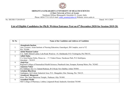 List of Eligible Candidates for Ph.D. Written Entrance Test on 6Th December,2020 for Session 2019-20