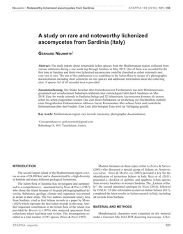 A Study on Rare and Noteworthy Lichenized Ascomycetes from Sardinia (Italy)