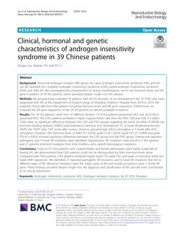 Clinical, Hormonal and Genetic Characteristics of Androgen Insensitivity Syndrome in 39 Chinese Patients Qingxu Liu, Xiaoqin Yin and Pin Li*