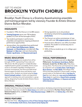 Brooklyn Youth Chorus Is a Grammy Award-Winning Ensemble and Training Program Led by Visionary Founder & Artistic Director Dianne Berkun Menaker