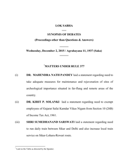 SYNOPSIS of DEBATES (Proceedings Other Than Questions & Answers) ______Wednesday, December 2, 2015 / Agrahayana 11, 1937 (Saka) ______