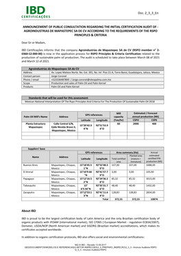 Agroindustrias De Mapastepec Sa De Cv According to the Requirements of the Rspo Principles & Criteria