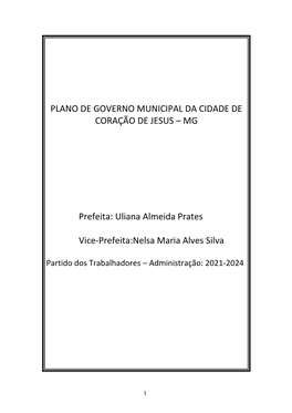 Plano De Governo Municipal Da Cidade De Coração De Jesus – Mg