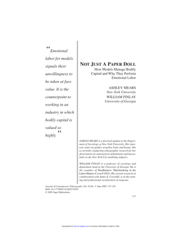 NOT JUST a PAPER DOLL How Models Manage Bodily Unwillingness to Capital and Why They Perform Emotional Labor Be Taken at Face Value