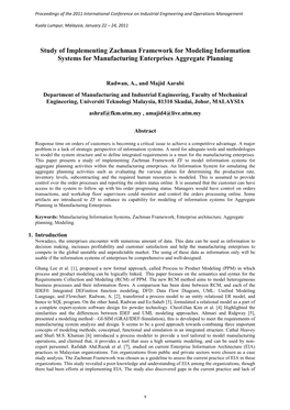 Study of Implementing Zachman Framework for Modeling Information Systems for Manufacturing Enterprises Aggregate Planning