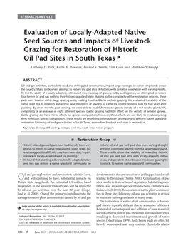 Evaluation of Locally-Adapted Native Seed Sources and Impacts of Livestock Grazing for Restoration of Historic Oil Pad Sites in South Texas Anthony D