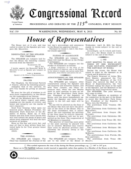 Congressional Record United States Th of America PROCEEDINGS and DEBATES of the 113 CONGRESS, FIRST SESSION