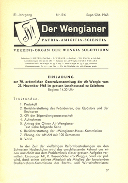 81. Jahrgang Nr.5/6 Sept./Okt. 1968 VEREINS-ORGAN DER WENGIA