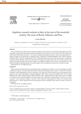 Algebraic Research Schools in Italy at the Turn of the Twentieth Century: the Cases of Rome, Palermo, and Pisa