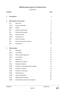 Official General Report on Northern Iraq (April 2000) Contents Page