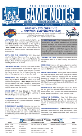 BROOKLYN CYCLONES (11-11) at STATEN ISLAND YANKEES (10-12) RHP Noah Syndergaard (MLB Rehab) Vs