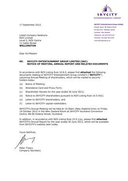 Skycity Entertainment Group Limited (Skc) Notice of Meeting, Annual Report and Related Documents