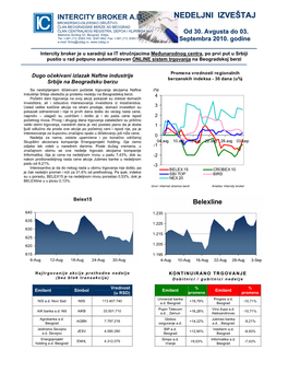 NEDELJNI IZVEŠTAJ BROKERSKO-DILERSKO DRUŠTVO ČLAN BEOGRADSKE BERZE AD BEOGRAD ČLAN CENTRALNOG REGISTRA, DEPOA I KLIRINGA Hov Od 30