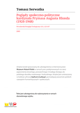 Poglądy Społeczno-Polityczne Kardynała Prymasa Augusta Hlonda (1926-1948)