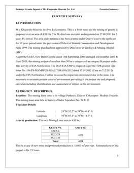 Patharya Granite Deposit of M/S Khajuraho Minerals Pvt. Ltd Executive Summary